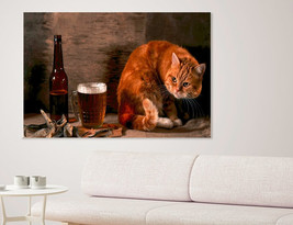 Cat with Beer and Fish Canvas Print Beer Canvas Kitchen Decor Bar Restaurant Dec - £38.54 GBP