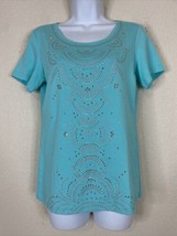 Karen Scott Womens Size S Turquoise Rhinestone T-shirt Short Sleeve Scoop Neck - £5.53 GBP