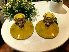 Pair Amber Candlesticks Candle Holders Etched Glass Depression - £20.68 GBP