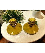PAIR AMBER CANDLESTICKS CANDLE HOLDERS ETCHED GLASS DEPRESSION - $35.32 CAD
