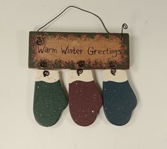 &quot;Warm Winter Wishes&quot; 3 Mittens Wire Hanger Wooden Painted Christmas Ornament - £3.19 GBP