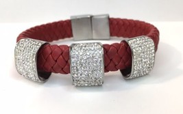 Red Braided Leather &amp; Sparkling Rhinestone Bracelet - £11.88 GBP