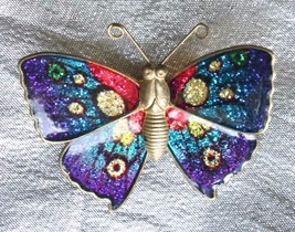 Fabulous Gold-tone Glitter Enamel Butterfly Brooch 1980s vintage 1 3/4&quot; - £9.80 GBP