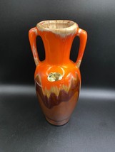Ceramic Vase 2 handles orange, brown drip glaze VTG 1960s Canada new old... - $26.96
