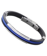 Police Officer Blue Line Stainless Steel Black Silicone Cable Bracelet 8.5&quot; - £10.26 GBP