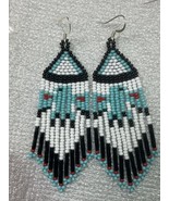 Fringe Thunderbird Glass Seed Bead Earrings in Black, White &amp; Turquoise ... - £23.70 GBP