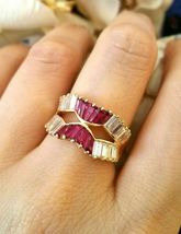 3.11 CT Simulated Red Ruby and Diamond Ring 925 Silver Gold Plated - £91.55 GBP