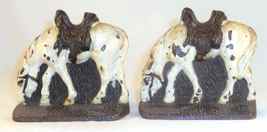 Vintage Painted Cast Iron Bookends White Horses Grazing with Brown Saddles - $57.00
