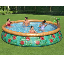 Inflatable Pool Set Fast Setup Round 15-Ft Filter Pump Built-In Palm Tree Spray - £141.70 GBP