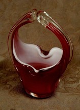 VTG Hand Blown Art Glass Basket Maroon Burgundy White Clear Split Handle Vase - £16.07 GBP