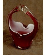 VTG Hand Blown Art Glass Basket Maroon Burgundy White Clear Split Handle... - £16.07 GBP