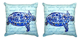 Pair of Betsy Drake Sea Turtle Blue Script No Cord Pillows 16 Inch X 20 Inch - £62.27 GBP