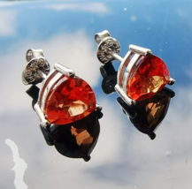 925 STERLING SILVER LAB GROWN 8x8 mmTRILLION SHAPE ORANGE SAPPHIRE STUD ... - €31,66 EUR