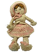 Vintage Handmade Crocheted Doll Pink and White Brown Hair 15 Inches - £8.16 GBP