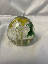 Vintage Art Glass Paperweight Floral Burst Yellow Green White  2” - £11.17 GBP