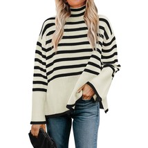 Women&#39;S 2023 Fall Winter Long Sleeve High Neck Striped Ribbed Knitted Ov... - £66.94 GBP