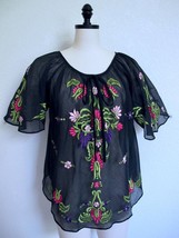 Vintage Embroidered Peasant Top S Folk Art Floral Pink Green Purple Blac... - $34.99