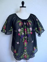 Vintage Embroidered Peasant Top S Folk Art Floral Pink Green Purple Black Voile - £27.40 GBP