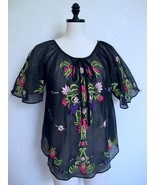 Vintage Embroidered Peasant Top S Folk Art Floral Pink Green Purple Blac... - €30,17 EUR