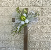Christmas Cemetery Cross: Bright Green, Silver Glitter, Winter Grave Dec... - $26.00