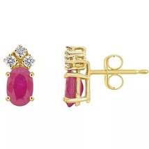 1.5CT Oval Simulated Ruby &amp; Diamond Solitaire Stud Earrings Yellow Gold Plated - £29.28 GBP