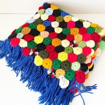 VTG 55x36.5 Crochet Throw Afghan Blanket Yo-Yo Puff Quilt Rainbow Fringe 60s MCM - £140.82 GBP