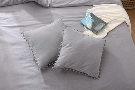 Meaning4 2 Pcs Grey Euro Throw Pillow Covers w Poms European Square Cases Cotton - £19.35 GBP