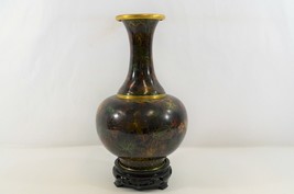 Chinese Cloissone Vase Enameled Brass Dark Red Green Brown Floral Vtg 11&quot; - £76.35 GBP
