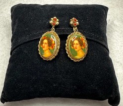 Antique Victorian Porcelain Portrait Cameo Earrings - Gold Filled, Clip On - £58.66 GBP