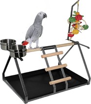 Parrot Bird Perch Table Top Stand Metal Wood 2 Steel Cups Play For Mediu... - £43.41 GBP