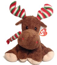 TY Pluffies Merry Moose Brown Stuffed Animal Bean Bag Toy Red Green Antlers 10&quot; - £14.82 GBP
