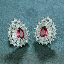 2.60Ct Pear Cut Red Ruby Diamond Double Halo Stud Earrings 14K White Gold Finish - £112.08 GBP