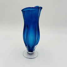 Vase Italian 7.5” Hand Blown Art Glass Ruffle Vintage Blue Tall Standing... - £48.43 GBP