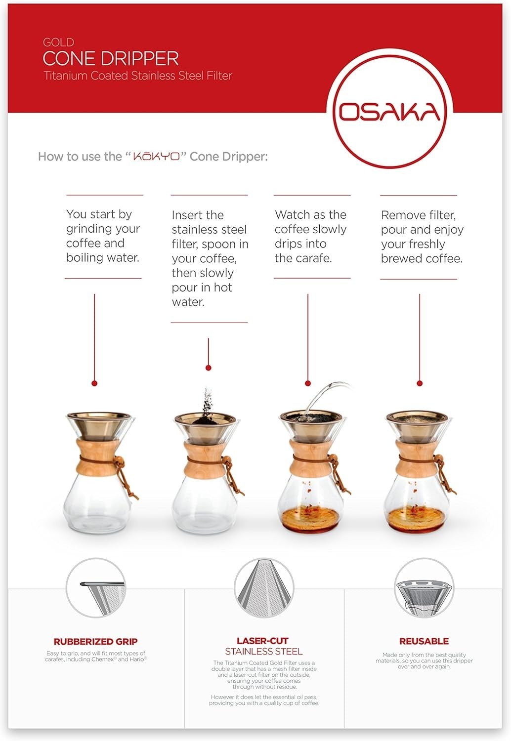 Osaka Titanium Pour Over Coffee Dripper with Double Layered Filter, Paperless Item image 2