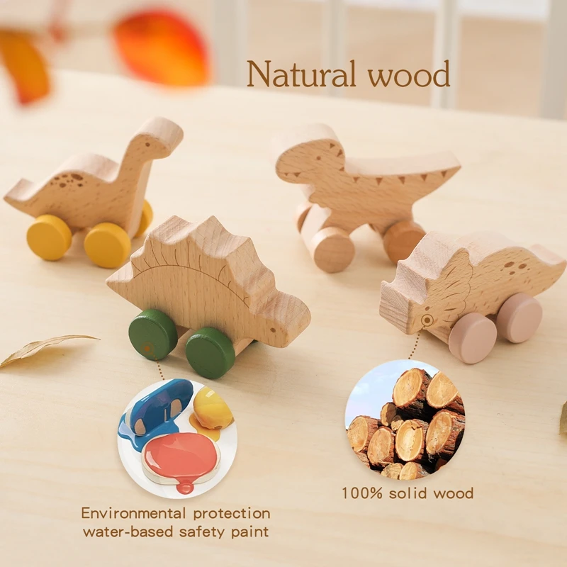 1PC Baby Toy Beech Wood Block Cartoon Dinosaur Car Educational Montessori Toy Ba - £19.30 GBP