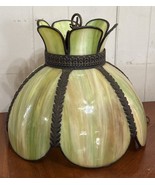 Vintage 1960’s Tiffany Style Green & Camel Tones Slag Glass Hanging Lamp - $4,233.92 MXN