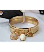 Gold Tone Bangle Bracelets 3 Bracelets W Charms Seashell Pearl Round Charm - $16.90