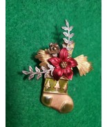 KC Kenneth Cole Christmas stocking brooch goldtone With Red poinsettia  - $14.84