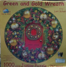 SunsOut Lori Schory Green and Gold Wreath 1000 pc Round Jigsaw Puzzle Christmas - £22.46 GBP