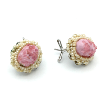 ART GLASS &amp; faux pearl bead WINGBACK earrings - vtg 40s pink specialty c... - £27.63 GBP