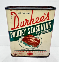 Vintage 1940-50s Durkees Poultry Seasoning Spice Tin Roasted Turkey Graphic - $18.32