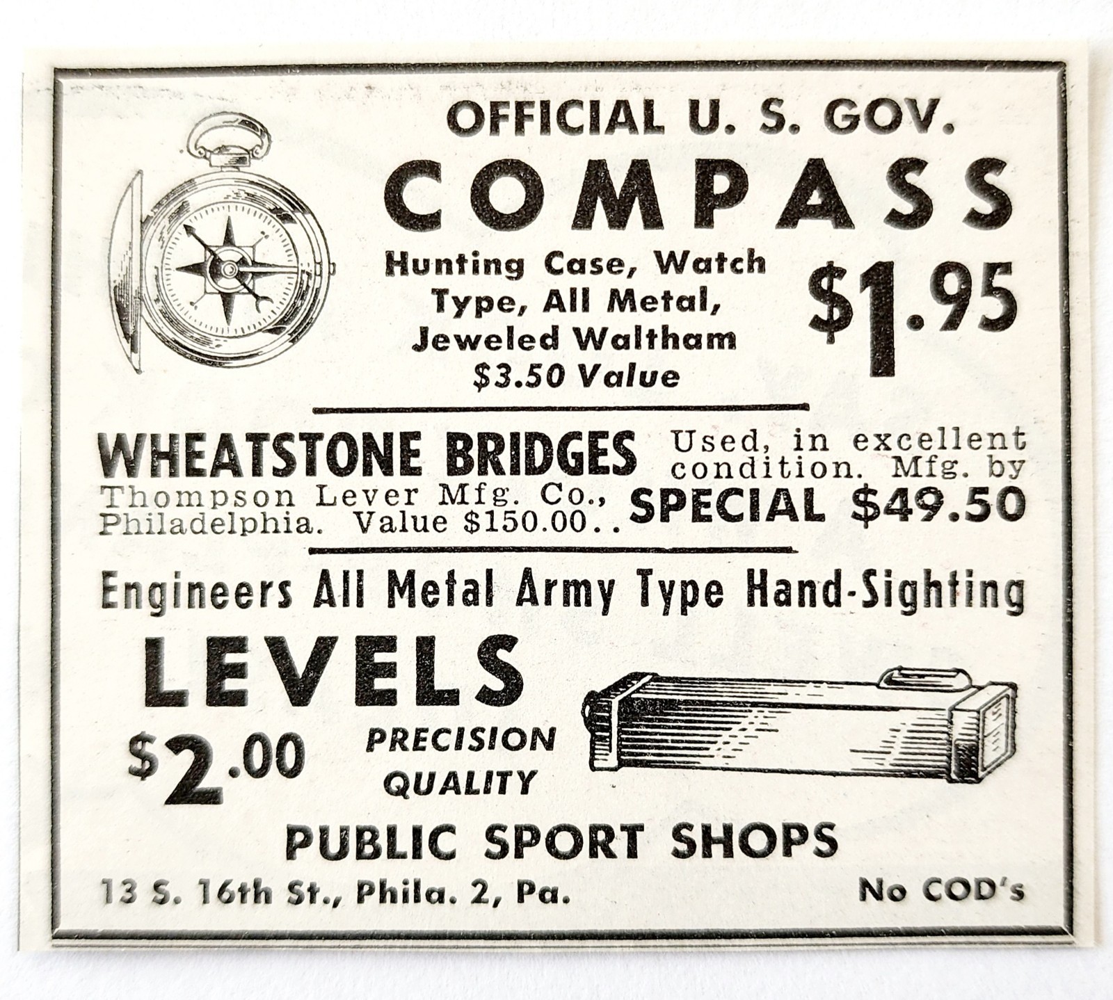 1947 US Government Compass Advertisement Public Sports Shops Philadelphi... - $19.99