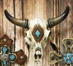 Ebros 12.5&quot;L Southwest Steer Bison Bull Horned Skull With Feathers Wall Decor - £35.58 GBP