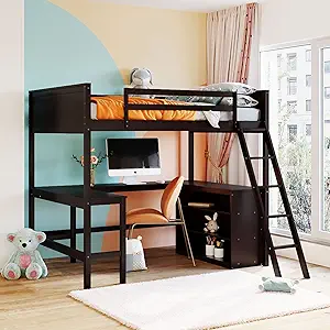 Full Size Loft Bed With Ladder, U-Shaped Under Desk And Storage Shelves ... - $867.99
