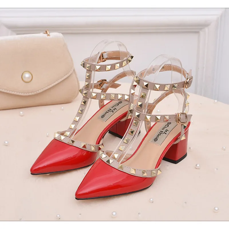 Lady Patent Leather Stud Single Shoes 2 Buckles T-Strap Shiny Pumps 5.5cm Pointy - $115.11