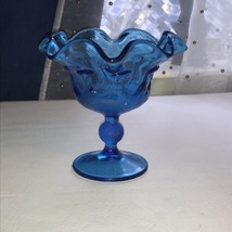 Fenton Compote Cobalt Blue Glass Footed Ruffled Edge / Candy Dish 5.5&quot; Tall - $14.96