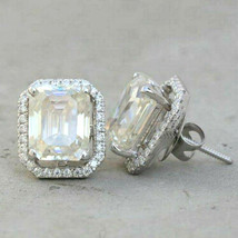 2CT Emerald Cut Simulated Diamond 14K White Gold Plated Halo Stud Earrings - £58.75 GBP