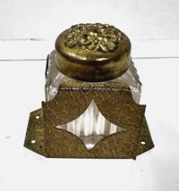 Antique Small Inkwell Glass in Bright Gold Metal Holder Scroll Lid - $663.14 MXN