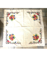 Vintage Antique Cross Stitch 34&quot; x 35&quot; Roses &amp; Peony Flowers Tablecloth - €21,26 EUR