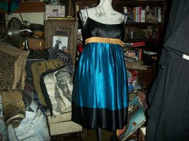 STEVE MADDEN Graceful Lapiz Blue+Jet Black+Champagne Trim Silk Dress Size 8 - $24.75